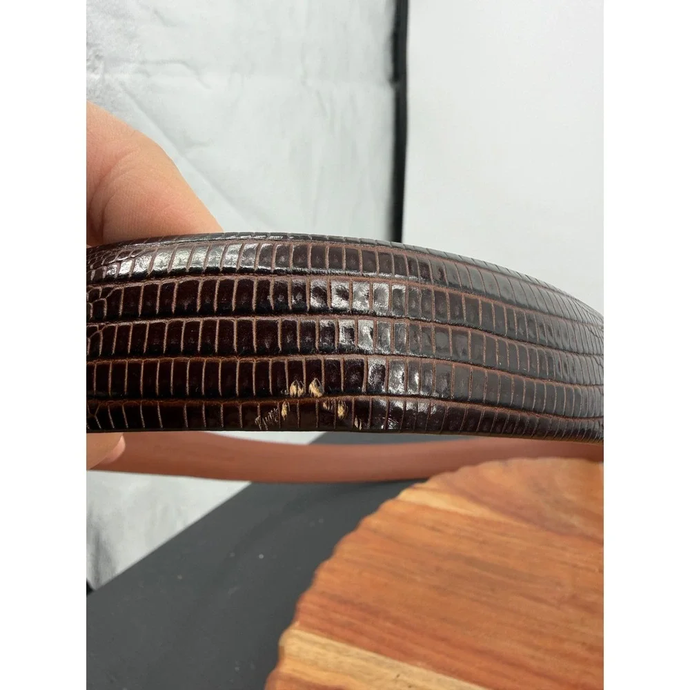 Roundtree & Yorke Italian Calfskin Belt Mens 44 Brown Lizard Embossed Brass